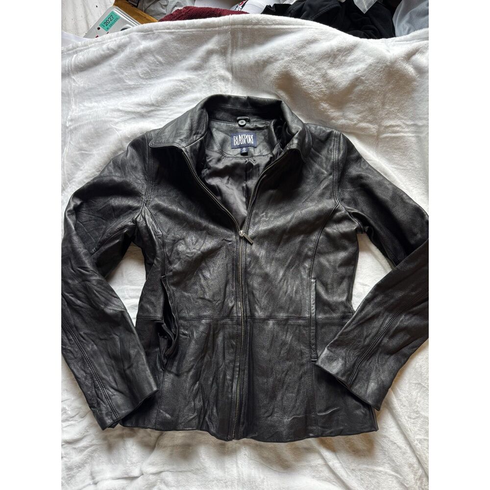 Vintage 90s Blassport Bill Blass Womens M Black Genuine Leather Zip Jacket